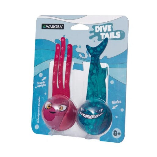Two vibrant Waboba Dive Tails - Pool Dive Characters by Waboba, packaged together: a pink octopus and a blue shark, designed for ages 8 and up. Ideal for underwater play, the packaging notes that one stands upright while the other sinks—making them perfect for developing swimming skills through fun and engaging pool games.