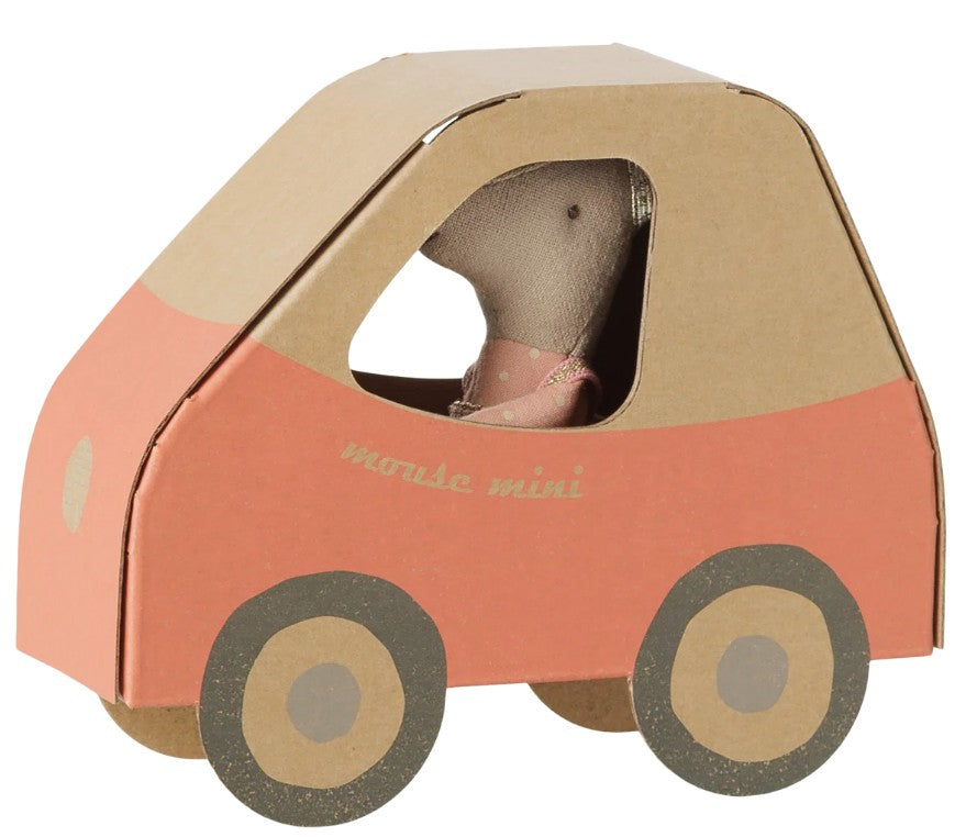 The Maileg Driver Mouse, Little Sister by Maileg features a small plush mouse seated inside a red and brown cardboard toy car with round wheels, making it perfect for transportation-themed pretend play.