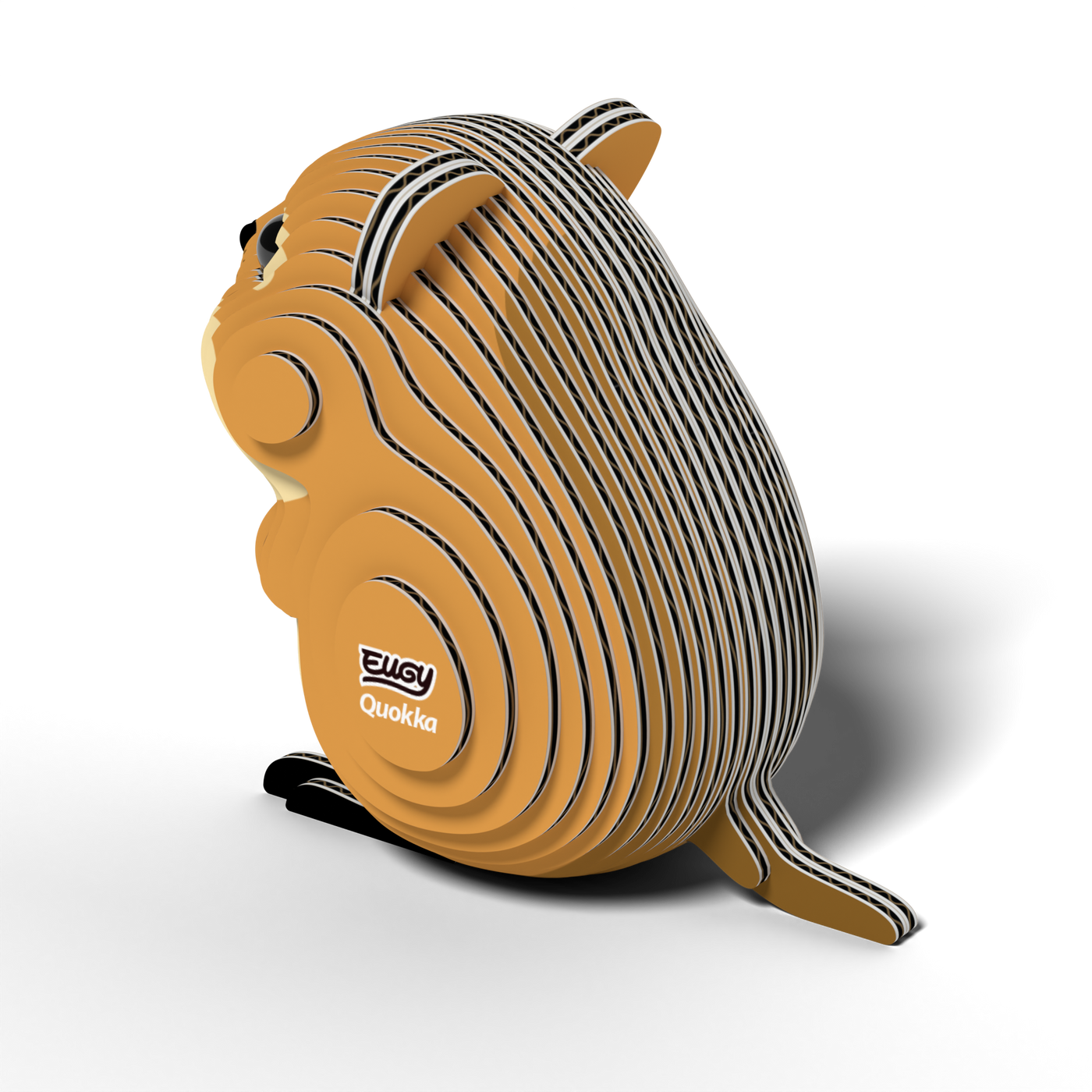 The Eugy EUGY Quokka 3D Puzzle is an eco-friendly, layered cardboard model featuring brown, white, and black detailing. Depicting a quokka sitting on its hind legs and facing left, this educational STEM toy has "EUGY Quokka" written on its side and is suitable for all ages.