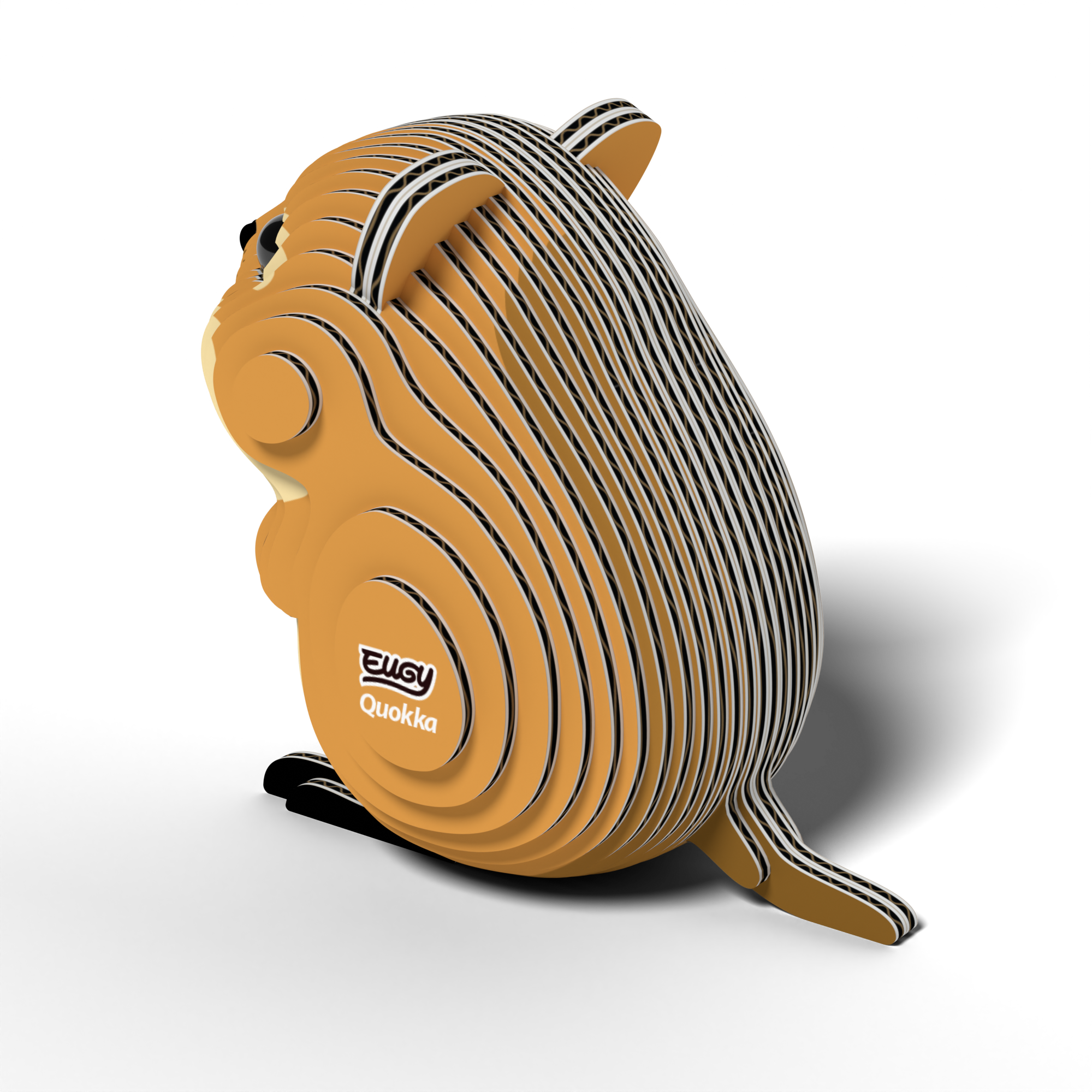 The Eugy EUGY Quokka 3D Puzzle is an eco-friendly, layered cardboard model featuring brown, white, and black detailing. Depicting a quokka sitting on its hind legs and facing left, this educational STEM toy has "EUGY Quokka" written on its side and is suitable for all ages.