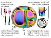 The ahimsa Rainbow Mindful Mealtime Set for toddlers features a stainless steel spoon, fork, divided plate, cup, and bowl; labeled features highlight deep wells, modular design, and adult-sized utensils for skill-building.