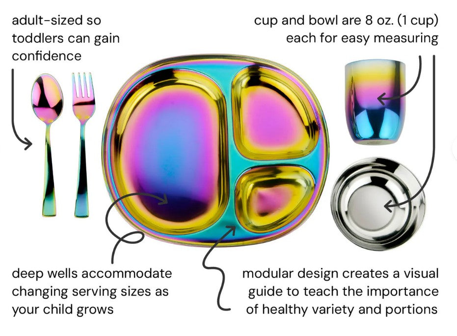 The ahimsa Rainbow Mindful Mealtime Set for toddlers features a stainless steel spoon, fork, divided plate, cup, and bowl; labeled features highlight deep wells, modular design, and adult-sized utensils for skill-building.