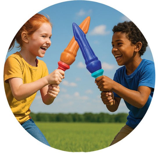 Two kids smile and play outside, each wielding a colorful The Unspillables Bubble Warriorz sword by South Beach Bubbles—perfect for outdoor duels and active fun.