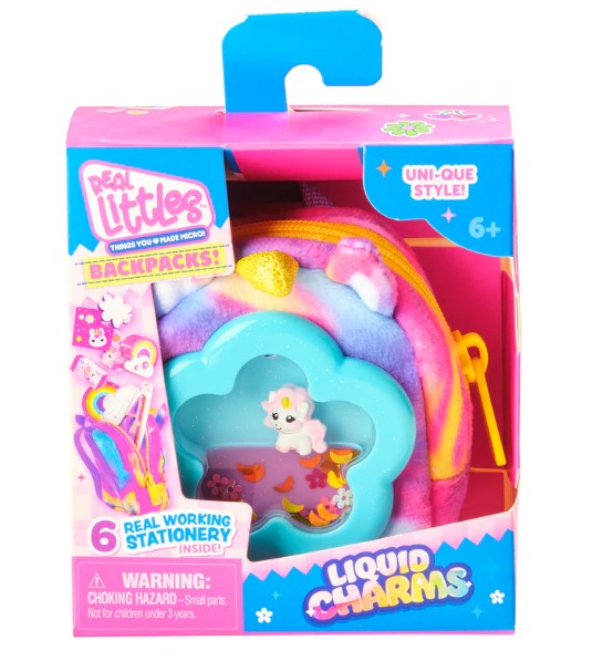 Bring home the Moose Toys Real Littles Liquid Charms Backpacks by Toysmith—a vibrant collectible set in pink and blue packaging designed for ages 6+. This adorable mini backpack features a charming unicorn cloud liquid charm and includes surprise miniature stationery accessories inside. With a clear warning about small parts and choking hazard, each package offers endless unboxing delight for kids ages 6 and up!.