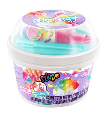 The So Slime Ice Slime Mini Cup by License 2 Play features Ice Slime inside a clear cup with a vibrant label depicting rainbow slime and playful hands, and comes complete with a plastic spoon and mixing tools under the dome lid—promising sensory fun for all ages.