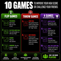 Infographic featuring 10 exciting ways to play with Stickflip by ImagiNew Playhome—a portable skill game device that lights up! Games are organized into Flip Games, Throw Games, and Advanced Challenges. Each activity comes with clear icons, gameplay descriptions, and highlights key benefits like boosting hand-eye coordination and strengthening teamwork. Ideal for anyone looking for a fun and engaging game experience wherever they go!.