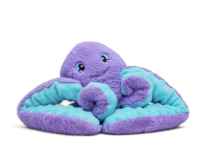 The Hugimals World Hugarounds Indigo the Octopus is a calming, weighted plush with a purple body, blue underside, and a happy face—perfect for sensory support. Shown posed against a white background.