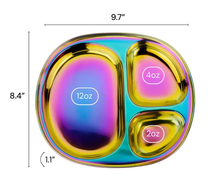 The ahimsa Rainbow Balanced Bites Compartment Plate is a metallic, iridescent stainless steel kids’ plate with 12oz, 4oz, and 2oz sections. It measures 9.7"x8.4"x1.1", keeping meals organized and fun for little ones.