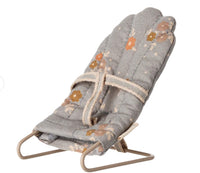 The Maileg Babysitter, My - Blue by Maileg is a small, fabric-covered seat with a blue floral print and harness on a metal frame, designed as a baby bouncer accessory for My-sized Maileg mice.
