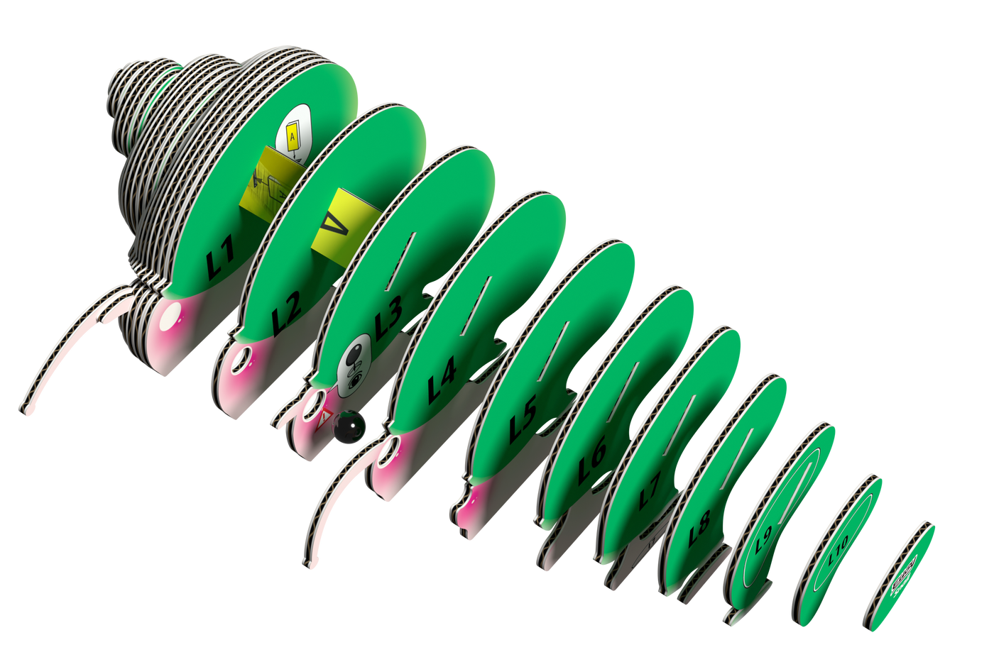 The Eugy EUGY Snail 3D Puzzle by Eugy features green, numbered spiral shell sections (L1-L10) decreasing in size, threaded on a rope with two beads. This eco-friendly toy offers a fun, educational snail-building experience.