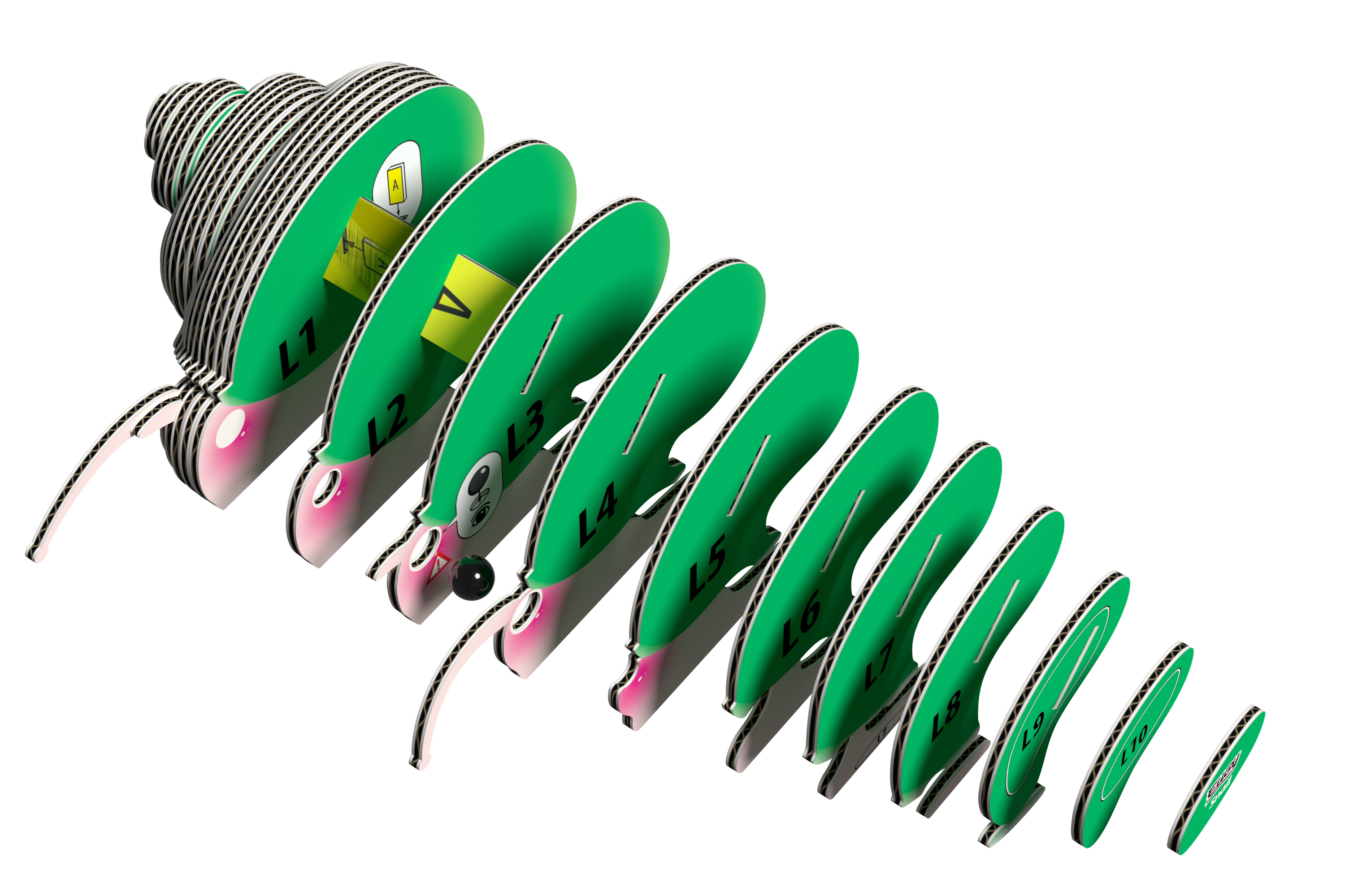 The Eugy EUGY Snail 3D Puzzle by Eugy features green, numbered spiral shell sections (L1-L10) decreasing in size, threaded on a rope with two beads. This eco-friendly toy offers a fun, educational snail-building experience.