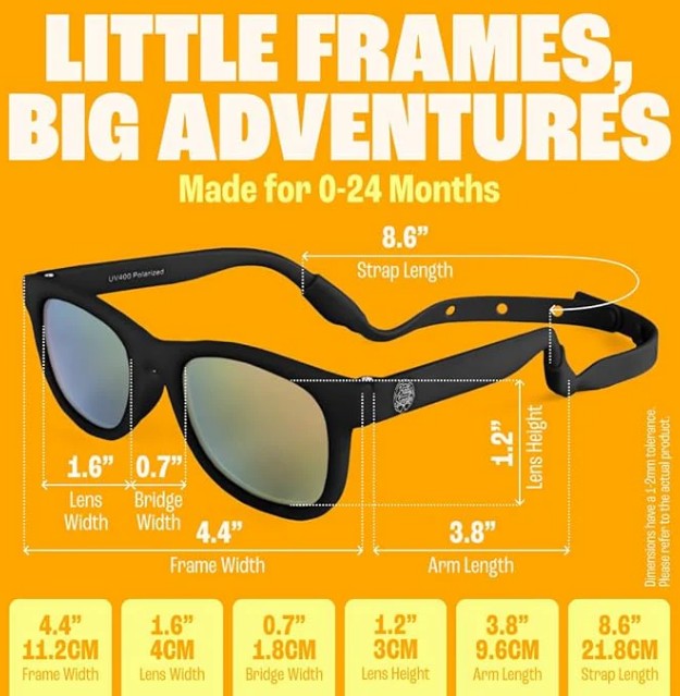Baby Sunnies Black Baby Polarized Sunglasses Strap UV Protection 0-24M are showcased against a vibrant yellow background. These sleek, polarized sunglasses feature an adjustable 8.6-inch strap and offer full UV protection, with measurements tailored for ages 0–24 months: 4.4" frame width, 1.6" lens width, 0.7" bridge, 1.2" lens height, and 3.8" arm—perfectly designed to keep your little one safe and stylish in any setting.