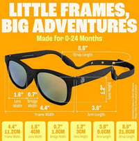 Baby Sunnies Black Baby Polarized Sunglasses Strap UV Protection 0-24M are showcased against a vibrant yellow background. These sleek, polarized sunglasses feature an adjustable 8.6-inch strap and offer full UV protection, with measurements tailored for ages 0–24 months: 4.4" frame width, 1.6" lens width, 0.7" bridge, 1.2" lens height, and 3.8" arm—perfectly designed to keep your little one safe and stylish in any setting.