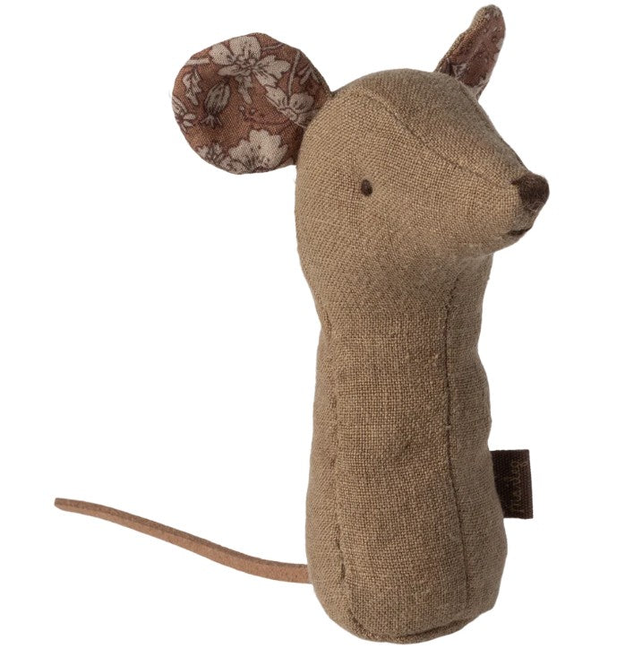 The Maileg Lullaby Friends Mouse Rattle - Light Umber is a baby-safe, brown fabric mouse by Maileg with embroidered eyes, floral-patterned ears, a long tail, and a handmade look—great for sensory play.