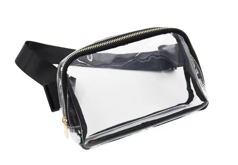 The Mavi Bandz Varsity Clear Waist Bag features black trim, a gold zipper, and an adjustable strap. This rectangular crossbody is ideal as a concert bag and is shown against a white background.