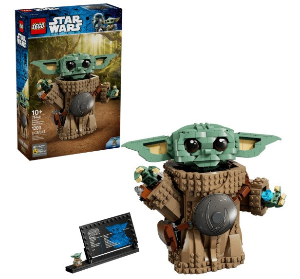 LEGO 75446 Grogu (Mandalorian Apprentice) set by LEGO, featuring a buildable Grogu figure, a display plaque, and packaging that displays the completed Mandalorian model in front of a nature backdrop.