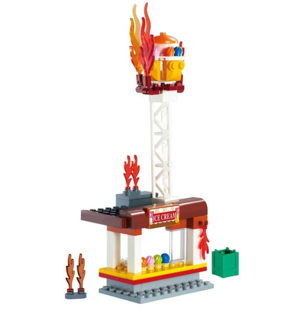 Alpha Toys’ Alpha Toys Firetruck playset features a vibrant ice cream stand with colorful scoops, a sign that says ICE CREAM, flaming decorations, and a tall tower crowned with a flaming bowl. Inspired by rescue adventures, this set offers RC-style play elements and includes the Alpha Toys Firetruck for action-packed fun! A green box and orange flames decorate the side for extra excitement.