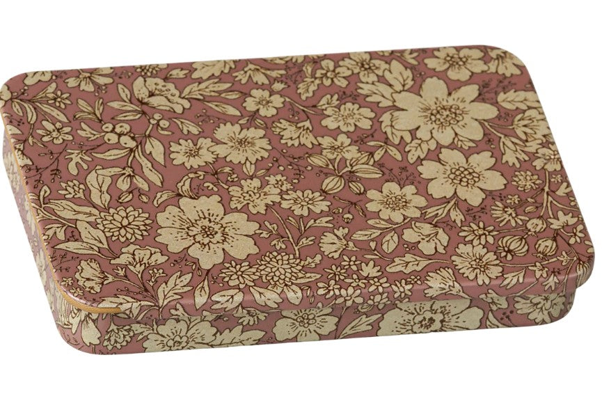 A rectangular Maileg Metal Box with a sliding lid—featuring rounded edges and adorned in a vintage-style Blossom Heather floral pattern in cream and pink hues—perfect for storing your Maileg treasures or as a charming miniature storage box.