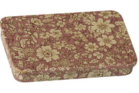 A rectangular Maileg Metal Box with a sliding lid—featuring rounded edges and adorned in a vintage-style Blossom Heather floral pattern in cream and pink hues—perfect for storing your Maileg treasures or as a charming miniature storage box.