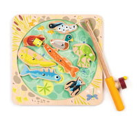 Pond Dipping by Tenderleaf is a colorful wooden fishing game with a rod and painted pond creatures—fish, duck, frog—set on a square pond-themed board for fun, nature-inspired play.