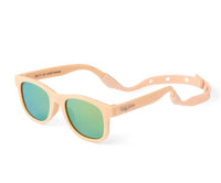 Baby Sunnies Peach Baby Polarized Sunglasses for ages 0-24 months, featuring green-reflective, polarized UV-protective lenses and an attached adjustable strap, displayed on a white background.