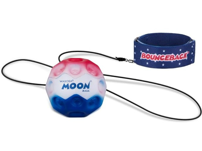 The Waboba USA / Stars & Stripes Bounceback features a red, white, and blue Stars & Stripes Moon ball attached to a black cord with a blue wrist strap labeled “Bounceback” and adorned with white stars—ideal for active outdoor play.