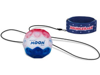 The Waboba USA / Stars & Stripes Bounceback features a red, white, and blue Stars & Stripes Moon ball attached to a black cord with a blue wrist strap labeled “Bounceback” and adorned with white stars—ideal for active outdoor play.