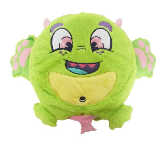 Meet the Scentco 10" Fart Monsters: Fizzler (Lemon Lime)—a round, green plush collectible with big eyes, small horns, pink wings and feet, a wide yellow mouth in a playful smile, and an irresistible lemon-lime scent.
