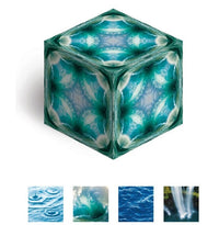 Introducing Duomoto - Deluge by Fun in Motion: a cube featuring water-inspired designs on every face, thoughtfully created as a calming sensory toy. Beneath it, four images capture the essence of tranquility—raindrops on water, a rolling wave, a serene sea, and a majestic waterfall—making this product perfect for stress relief.