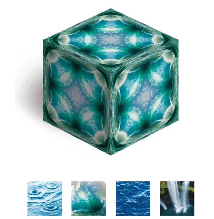 Introducing Duomoto - Deluge by Fun in Motion: a cube featuring water-inspired designs on every face, thoughtfully created as a calming sensory toy. Beneath it, four images capture the essence of tranquility—raindrops on water, a rolling wave, a serene sea, and a majestic waterfall—making this product perfect for stress relief.