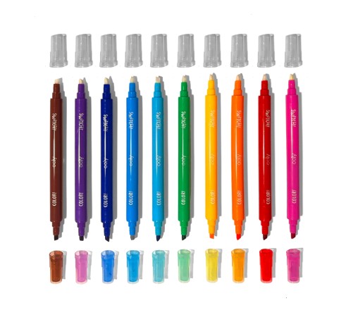 Twelve vibrant dual-tip markers from Ooly’s Switch-eroo!: Color-Changing Activity Kit, each featuring matching colored caps on both ends and arranged neatly in a row on a white background—perfect art materials to inspire creative activities for kids.