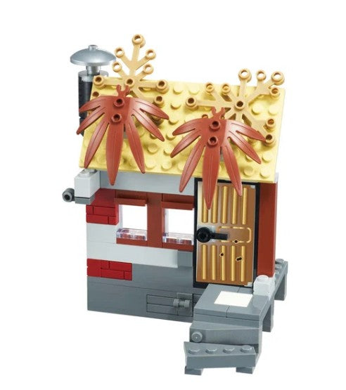 A small LEGO hut with a gold roof, two red plant pieces on top, a striped red and white wall, two windows, a brown door, and gray steps leading to the entrance—perfect for patrol adventures or exciting rescue missions alongside your Alpha Toys Police Car from Alpha Toys.