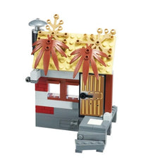 A small LEGO hut with a gold roof, two red plant pieces on top, a striped red and white wall, two windows, a brown door, and gray steps leading to the entrance—perfect for patrol adventures or exciting rescue missions alongside your Alpha Toys Police Car from Alpha Toys.
