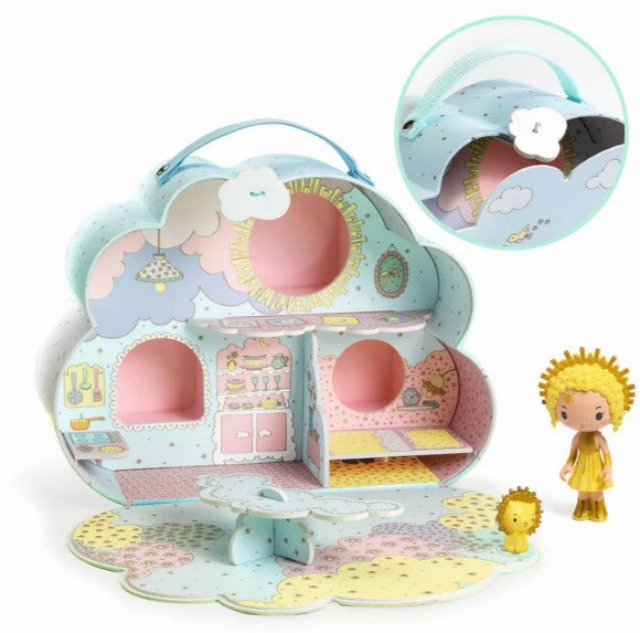 The DJECO Tinyly Sunny & Mia House by DJECO is a pastel-colored, cloud-shaped dollhouse featuring beautifully illustrated rooms, a playful sun window, and a convenient handle. Perfect for inspiring imaginative play, this charming miniature home comes with a small doll named Sunny—who has yellow hair—and her tiny lion friend, Mia. When closed, the case transforms into an enchanting portable playset with a whimsical cloud-shaped clasp.