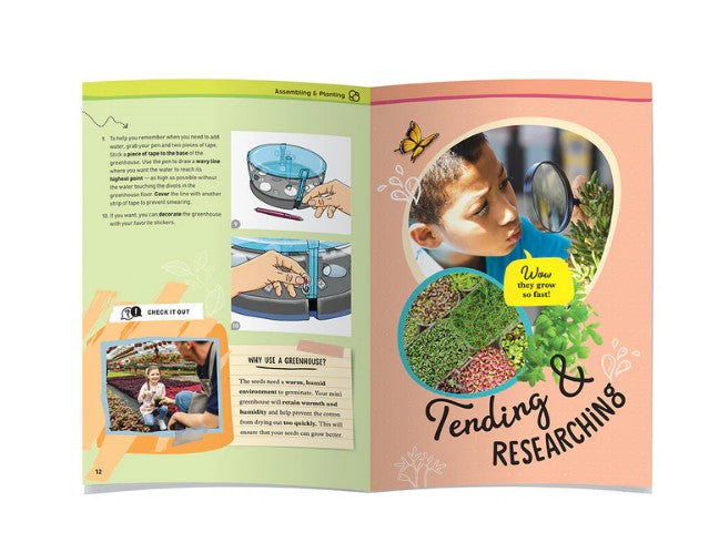 An open book displays step-by-step Hydroponics Lab instructions from Thames & Kosmos on the left, while on the right, a curious boy uses a magnifying glass to inspect plants, exploring hands-on hydroponic gardening. Text reads: “Tending & Researching,” surrounded by vibrant, nature-inspired decorations.