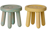 Set of two small, round wooden stools from Maileg—each with four sturdy legs, ideal as stools for Maileg mice. One is painted a charming mint and the other a soft light yellow. Both miniature stools feature button-like indents on top, making the Maileg Stool set, Mouse – Mint/Light yellow a delightful addition to your Maileg furniture collection.