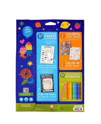 Ooly’s Switch-eroo!: Color-Changing Activity Kit features colorful art kit packaging with a marker activity book, two sticker sheets, a color-in sticker sheet, and ten color-changing markers displayed on a vibrant blue background decorated with cartoon fruits and stars. Packed with exciting art materials, this fun kit is perfect for sparking creativity and imaginative activities for kids.