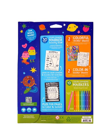 Ooly’s Switch-eroo!: Color-Changing Activity Kit features colorful art kit packaging with a marker activity book, two sticker sheets, a color-in sticker sheet, and ten color-changing markers displayed on a vibrant blue background decorated with cartoon fruits and stars. Packed with exciting art materials, this fun kit is perfect for sparking creativity and imaginative activities for kids.