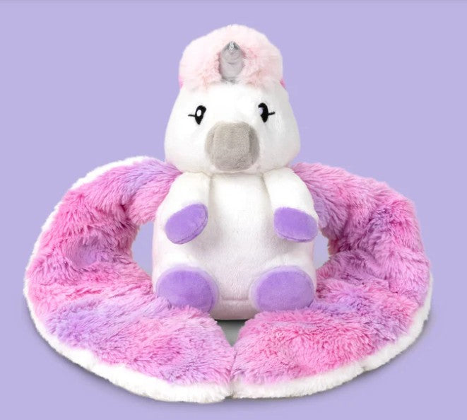 Hugimals World's Hugarounds Echo the Unicorn is a plush toy with a silver horn, purple hooves, closed eyes, and fluffy pink and purple wings, offering sensory comfort against a solid light purple background.