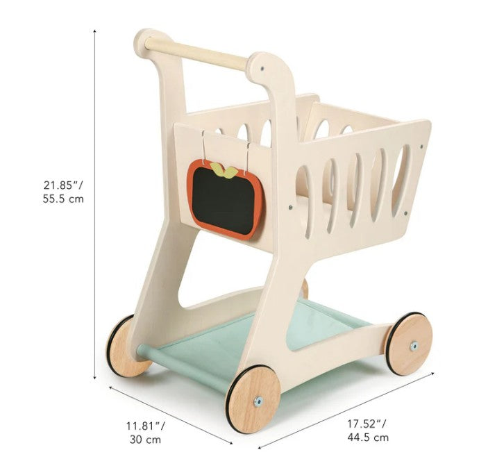 The Tenderleaf Shopping Cart by Tenderleaf features four black-rimmed wheels, a mint green lower shelf, and a front chalkboard—perfect for imaginative play. Dimensions: 21.85"H x 17.52"L x 11.81"W.