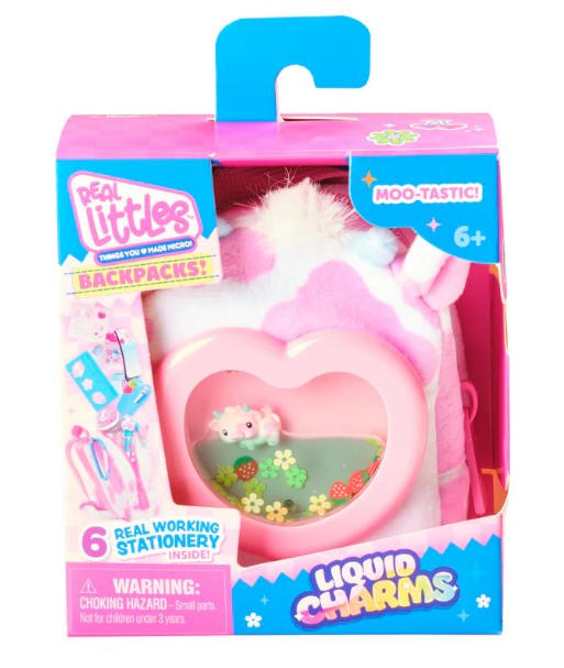Introducing the Toysmith Moose Toys Real Littles Liquid Charms Backpacks—a pink and white mini collectible backpack featuring a heart-shaped window and a cute animal charm. Packaged in a vibrant box labeled "Liquid Charms" for ages 6 and up, each backpack contains surprise miniature accessories inside—ideal for fans of Real Littles backpacks!.