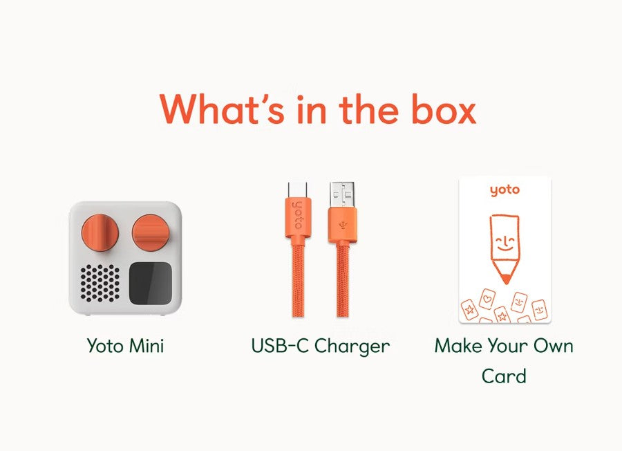 Image displays what's in the box: Yoto Mini (2024 Edition) by Yoto, orange USB-C charger, and Make Your Own Card, each clearly labeled with simple graphics on a white background.