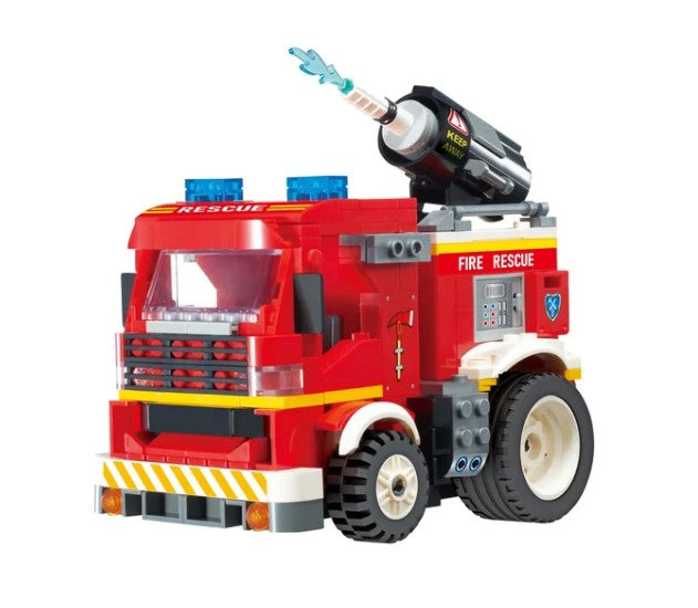The Alpha Toys Firetruck by Alpha Toys features a vibrant red design with blue lights, a water cannon mounted on top, and large black wheels. “FIRE RESCUE” is displayed on the side, while bold white and yellow stripes decorate the front—perfect for inspiring rescue adventures with RC-style play.