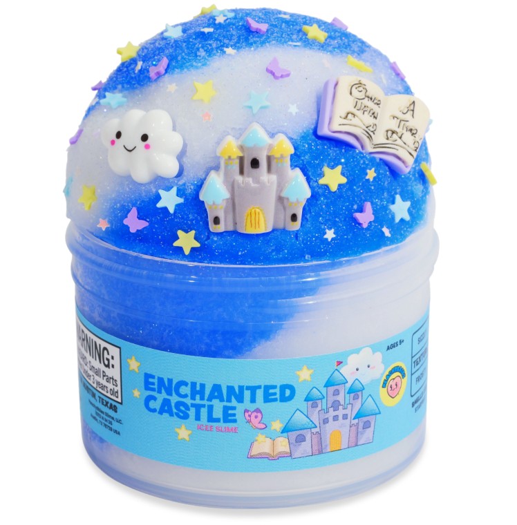 The Enchanted Castle Slime by Peachybbies Slime comes in a small jar and features blue fantasy slime with sparkling glitter, star confetti, and whimsical decorations including a cloud, a castle, and a magical book—ideal for sensory play. The packaging showcases delightful illustrations of a castle and book.