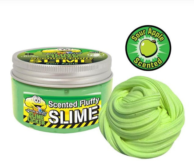 An open container of green Toxic Waste Slime Licker Scented Fluffy Slime by License 2 Play is displayed with some swirled slime beside it, making it ideal for sensory play. A round badge featuring a green apple and the phrase "Sour Apple Scented" highlights the playful scent, making this fluffy slime a delightful treat for fans of unique textures and aromas—just like the iconic Toxic Waste Slime Licker treats!.