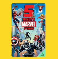 The Yoto 5-Minute Marvel Stories cover from Yoto showcases Spider-Man, Groot, Iron Man, Captain Marvel, Captain America, Black Panther, Black Widow, and Ms. Marvel on a vibrant cityscape—perfect for superhero fans.