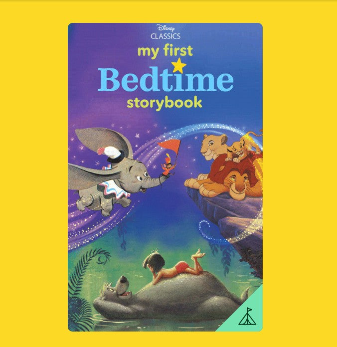 Cover of Yoto My First Disney Classics Bedtime Storybook by Yoto featuring Dumbo flying, Simba and friends lounging, plus Baloo and Mowgli by the water—a magical scene for bedtime stories on your Yoto Player or audio card.