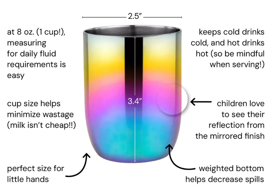The ahimsa Rainbow Conscious Cup (8 oz) is a BPA-free stainless steel toddler cup with a rainbow metallic finish, shown with measurements (2.5" wide, 3.4" tall), keeping drinks hot or cold—perfect for kids.