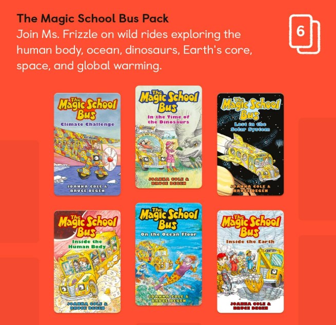Five illustrated Magic School Bus book covers are shown in two rows on an orange background, featuring science adventures about dinosaurs, the ocean, the solar system, the human body, and inside Earth. A fun addition to any Yoto The Magic School Bus Pack.