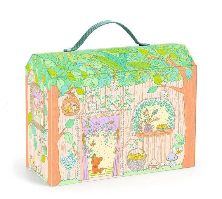 The DJECO Sylvia & Fox House is an illustrated box designed in the whimsical shape of a wooden Tinyly house, featuring animals, plants, and a green handle on top. The front displays a door, windows, flowers, and adorable animal characters peeking out—making it perfect for imaginative play or as a charming miniature playset by DJECO.